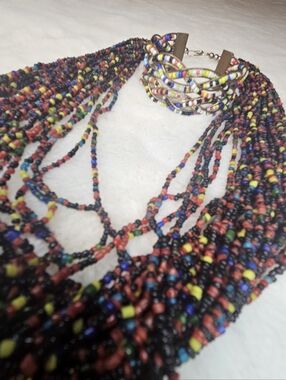 Multicolor Bead Necklace & Cuff Bracelet Set